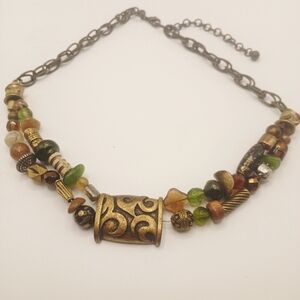 Chico's Bohemian Double Strand Necklace Multi-Color Beads Wood Glass Metal 21"